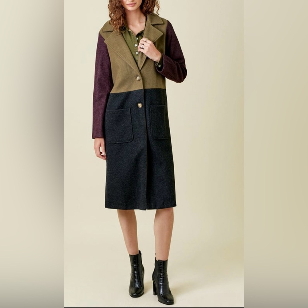 New Mystree Color Block Long Coat in Charcoal, Olive and Maroon Sz Large